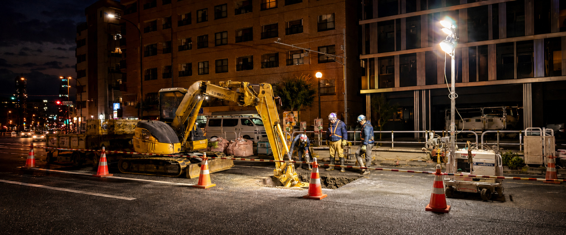 夜間の道路工事現場で作業するスタッフ